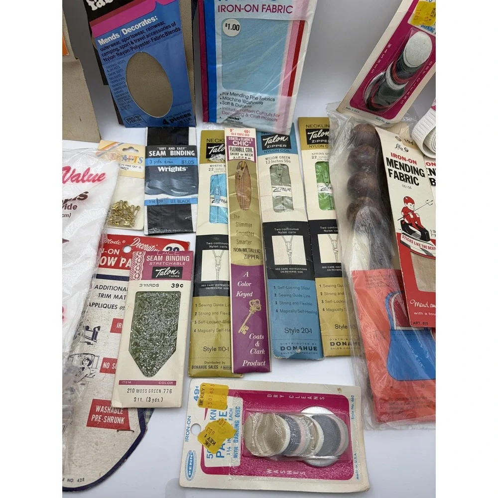 Vintage Sewing Notions Lot Iron-On Patches Zippers Wrights‎ Talon Bondex Elastic